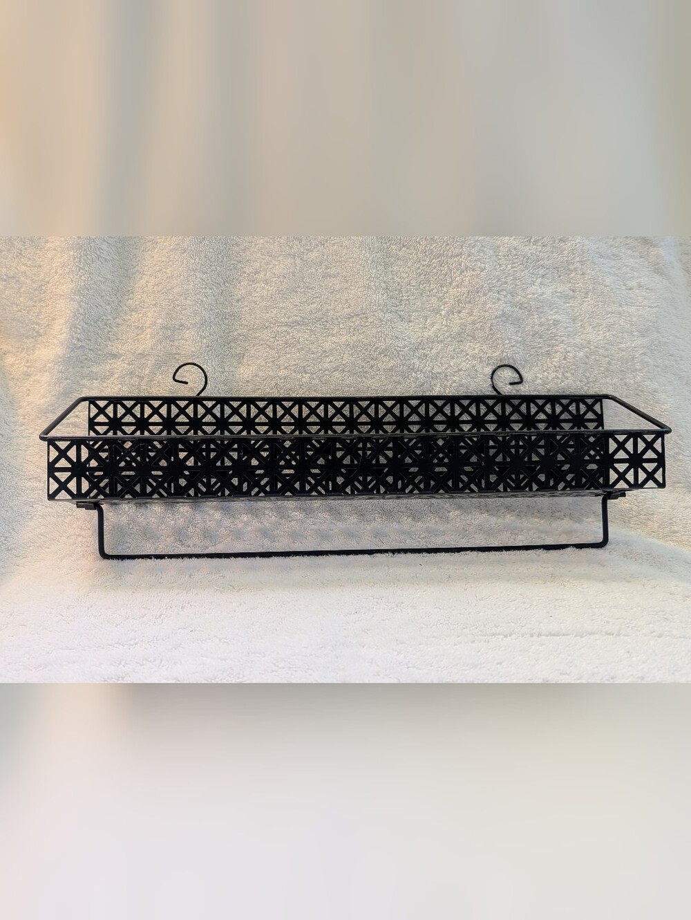 Vintage MCM Atomic Mesh Spice Rack Wall Shelf Black Perforated Metal Towel Rod